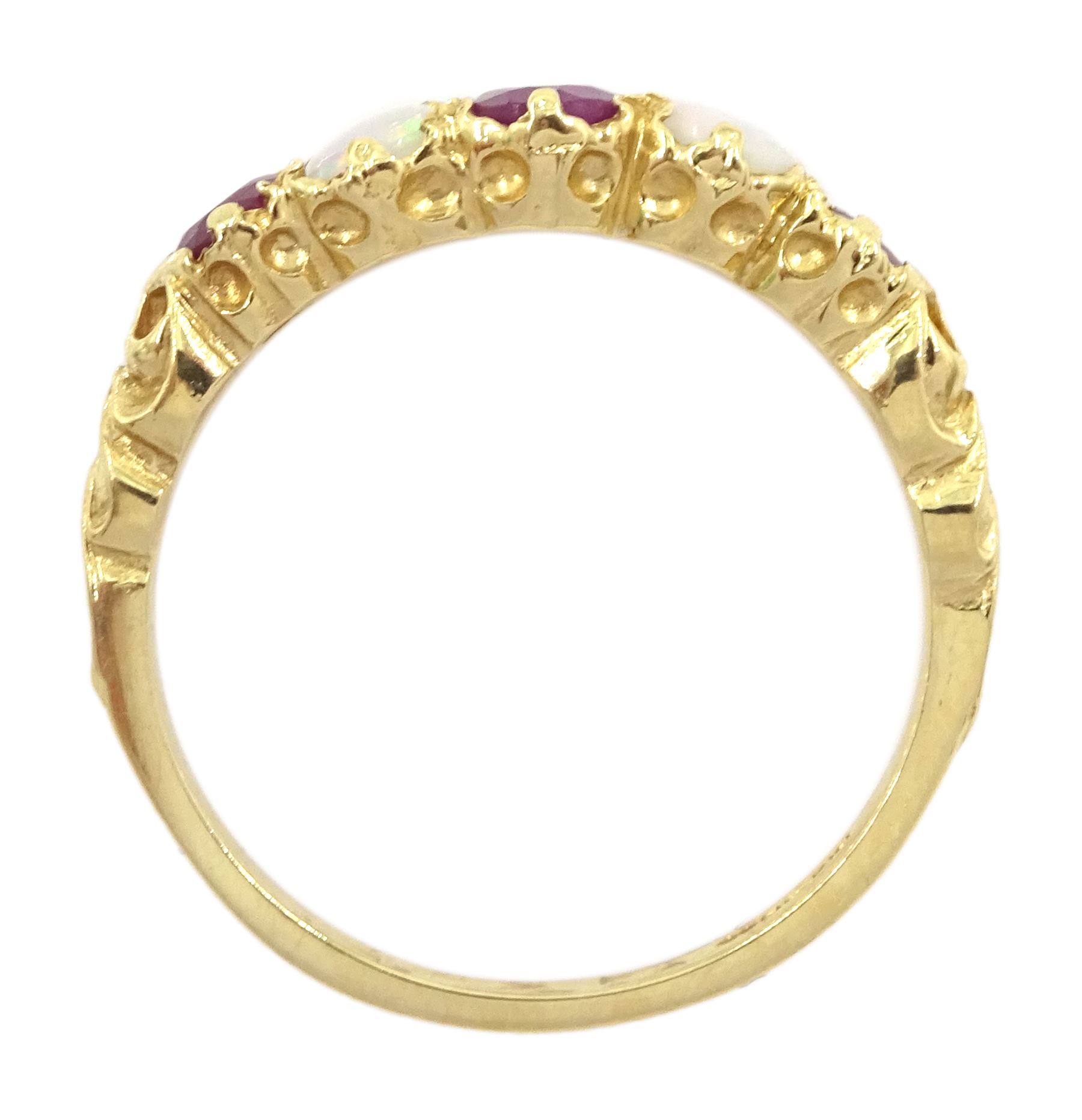 14ct gold five stone oval cut ruby and opal ring, London 2006