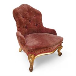 19th century gilt hardwood and wrought metal-framed nursing chair, shaped cresting and upholstered in buttoned fabric, on cabriole feet (W56cm, H74cm); 20th century stained beech French design fauteuil armchair, upholstered in green floral pattern silk fabric, on cabriole supports (W57cm, H87cm) (2)