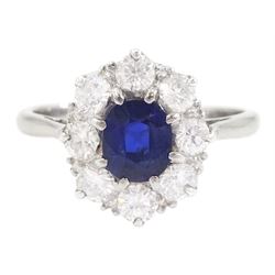 Platinum oval cut sapphire and transitional cut diamond cluster ring, stamped Plat, sapphire approx 0.70 carat, total diamond weight approx 0.80 carat