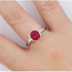 9ct white gold single stone round red topaz ring, hallmarked