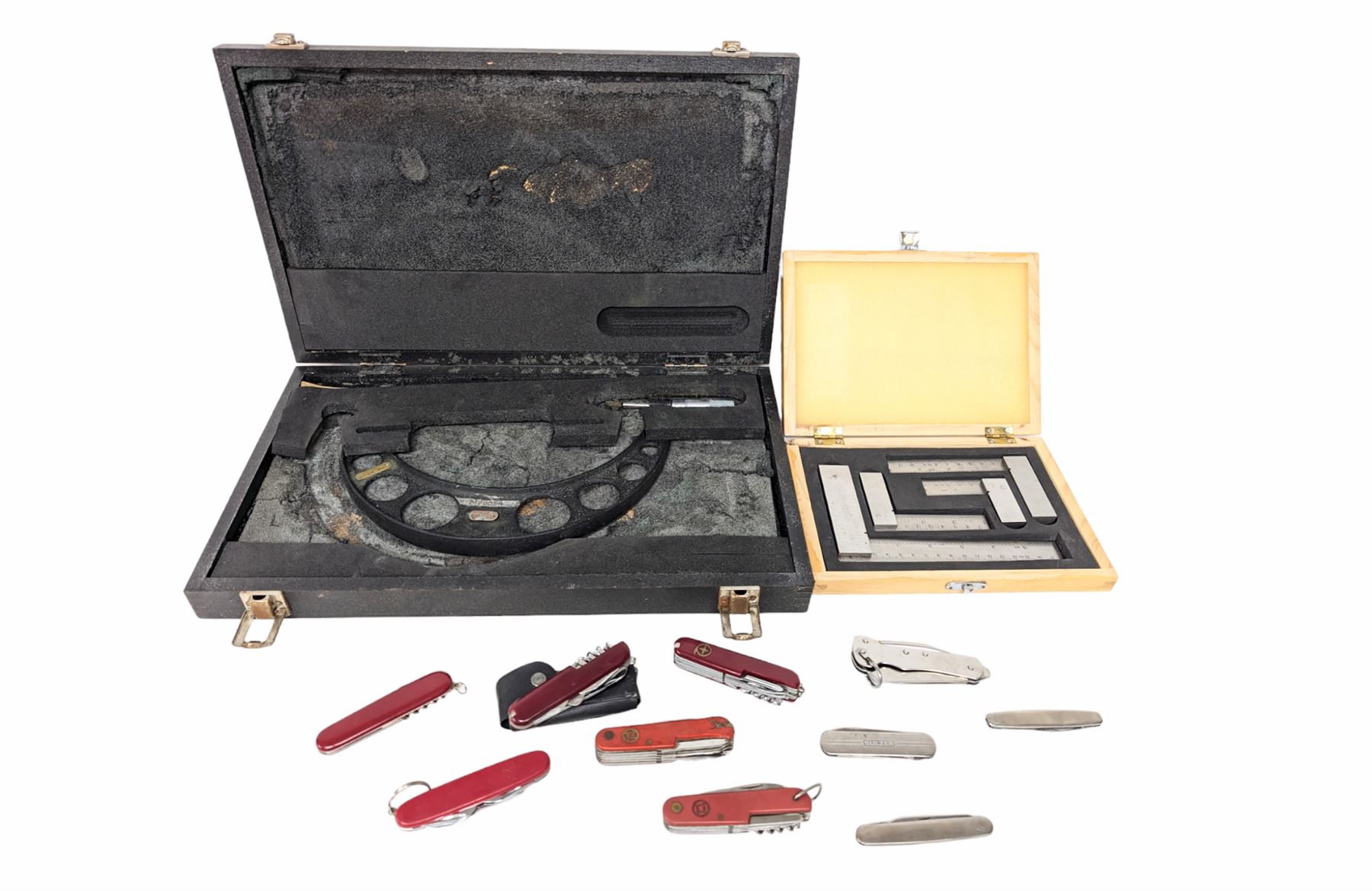 Moore & Wright Micrometer and a Soba marking set, both cased, together with a collection of Swiss Army/pen knives