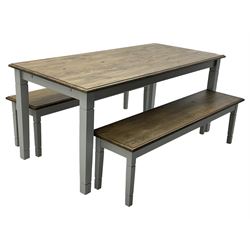 Pine kitchen dining table, rectangular moulded top on painted base, square tapering supports (180cm x 85cm, H78cm); and two matching benches 