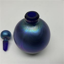 Three Okra scent bottles, all decorated with iridescent threads in blue and purple tones, together with  Paul C Brown scent bottle, largest H15cm