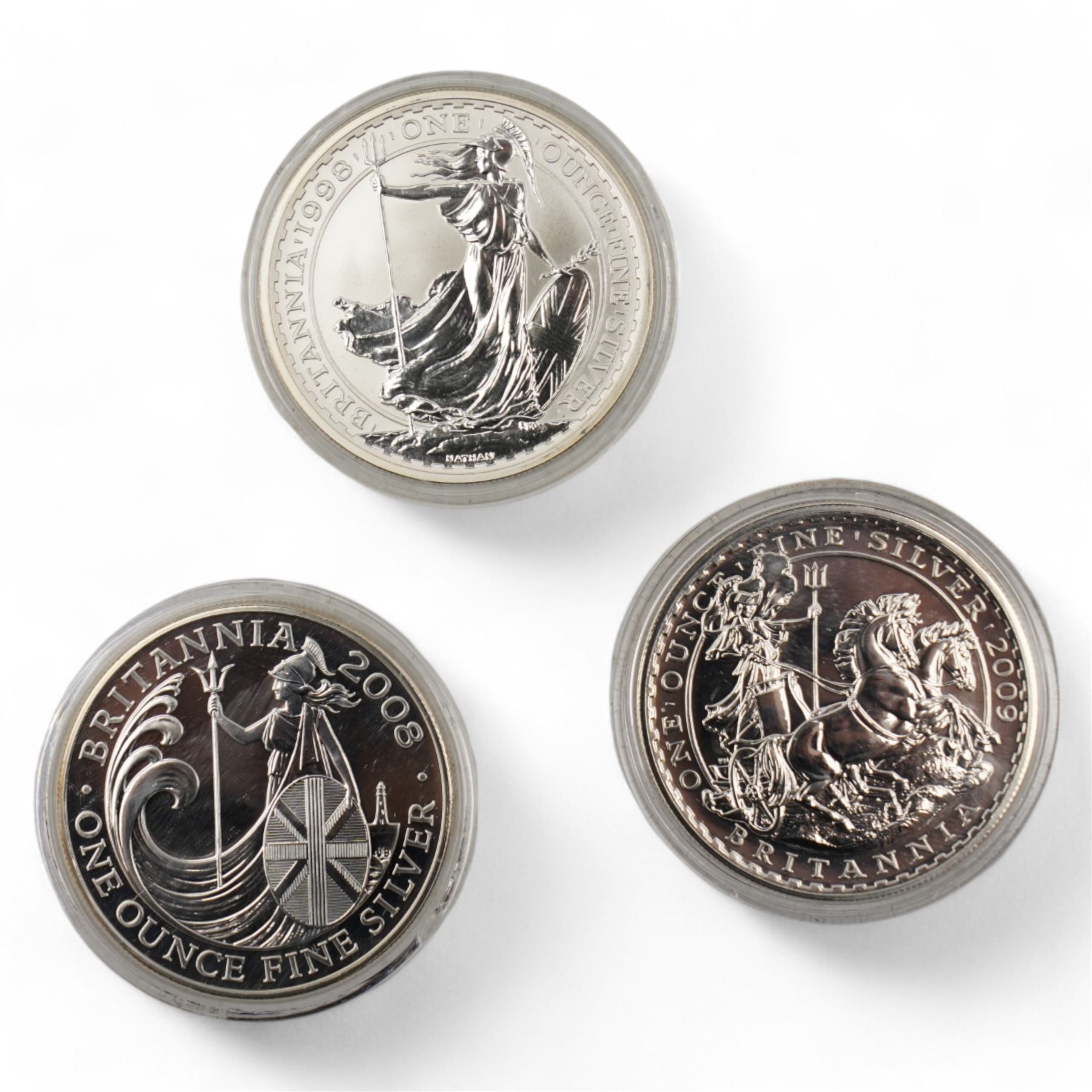 Three Queen Elizabeth II one ounce fine silver Britannia coins, dated 1998, 2008, 2009 and a Johnson Matthey Bankers Limited one-hundred grams fine silver bullion bar, cased 