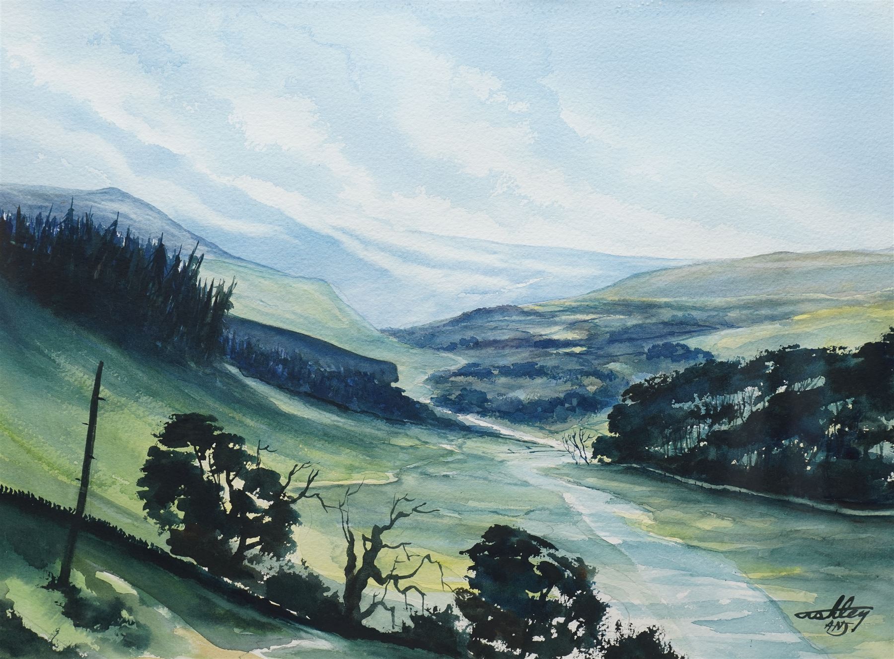 Ashley Jackson (Yorkshire 1940-): 'Muker' Swaledale, watercolour signed, titled on accompanying certificate of authenticity 41cm x 55cm
Provenance: Purchased directly from the artist as part of his TV series 'A Brush with Ashley'