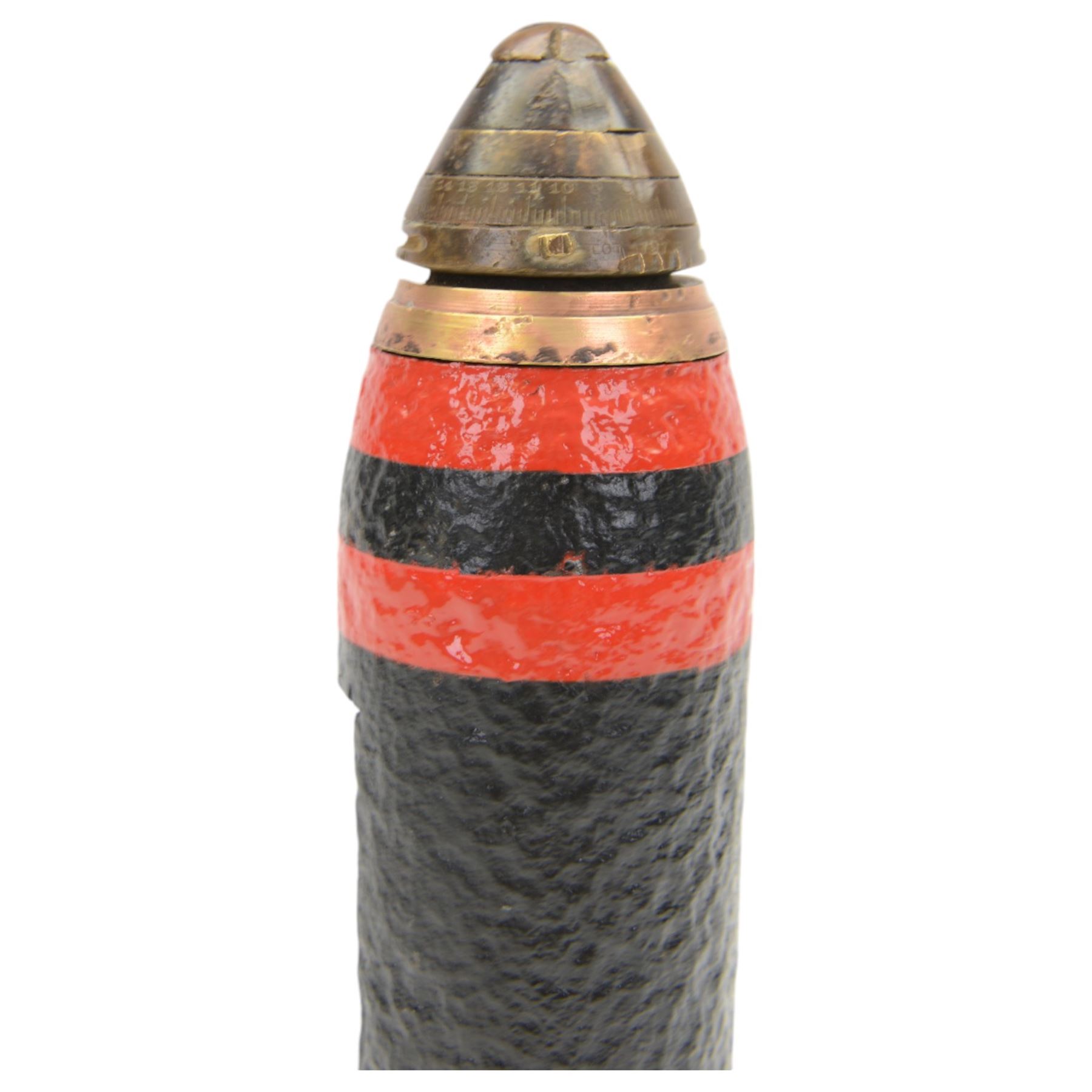 Inert WWII 18 pounder shrapnel shell with a fuse, cut away to show the internal mechanism, H30cm  