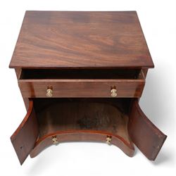 George III mahogany concave side cabinet, rectangular protruding top over a single drawer, the recessed concave body fitted with a double cupboard and single drawer, lower moulded edge on square supports