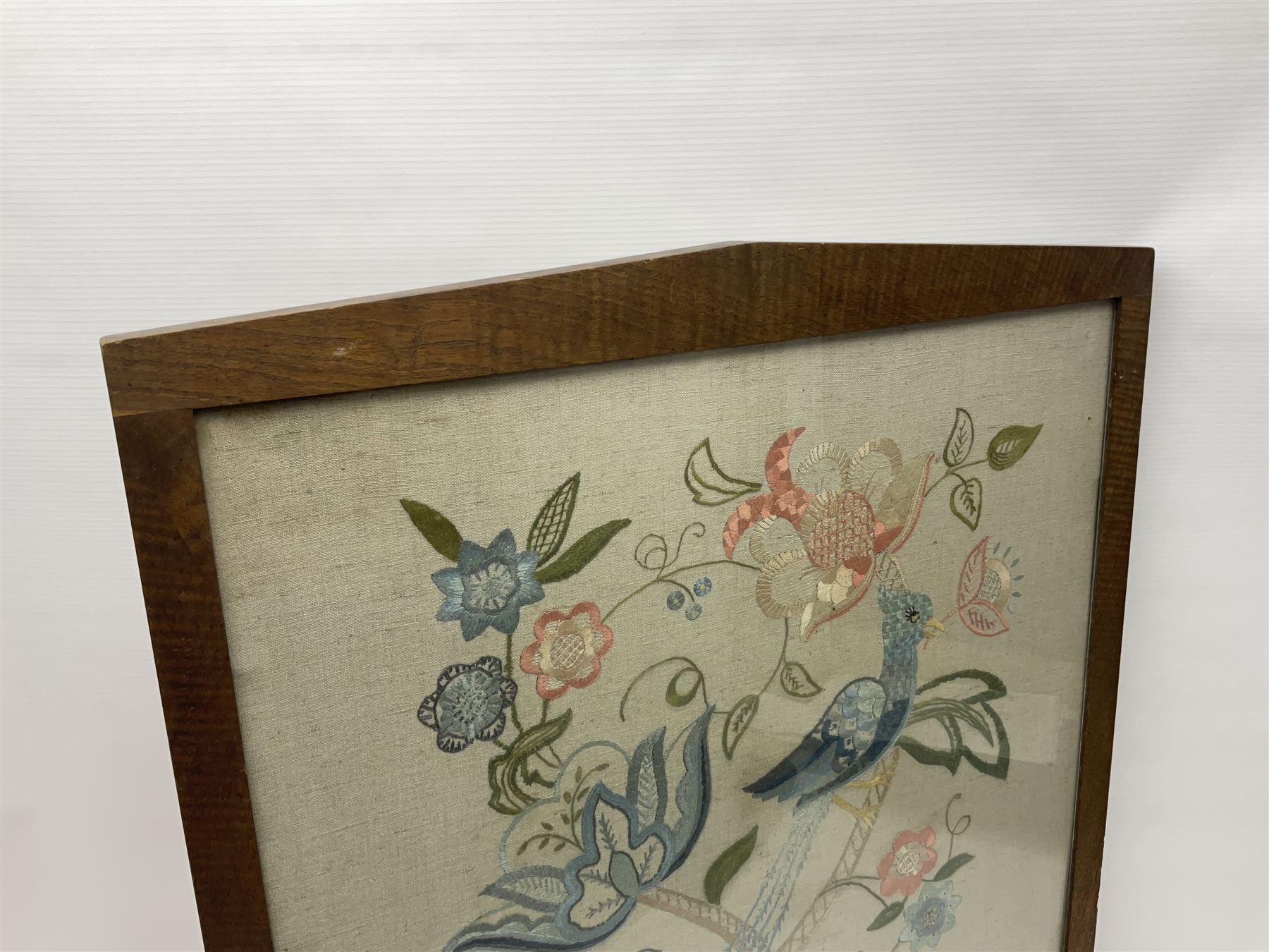 20th century framed crewelwork embroidery, depicting foliate and birds, H64, W55cm