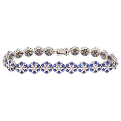 9ct white gold round cut sapphire and diamond cluster link bracelet, hallmarked