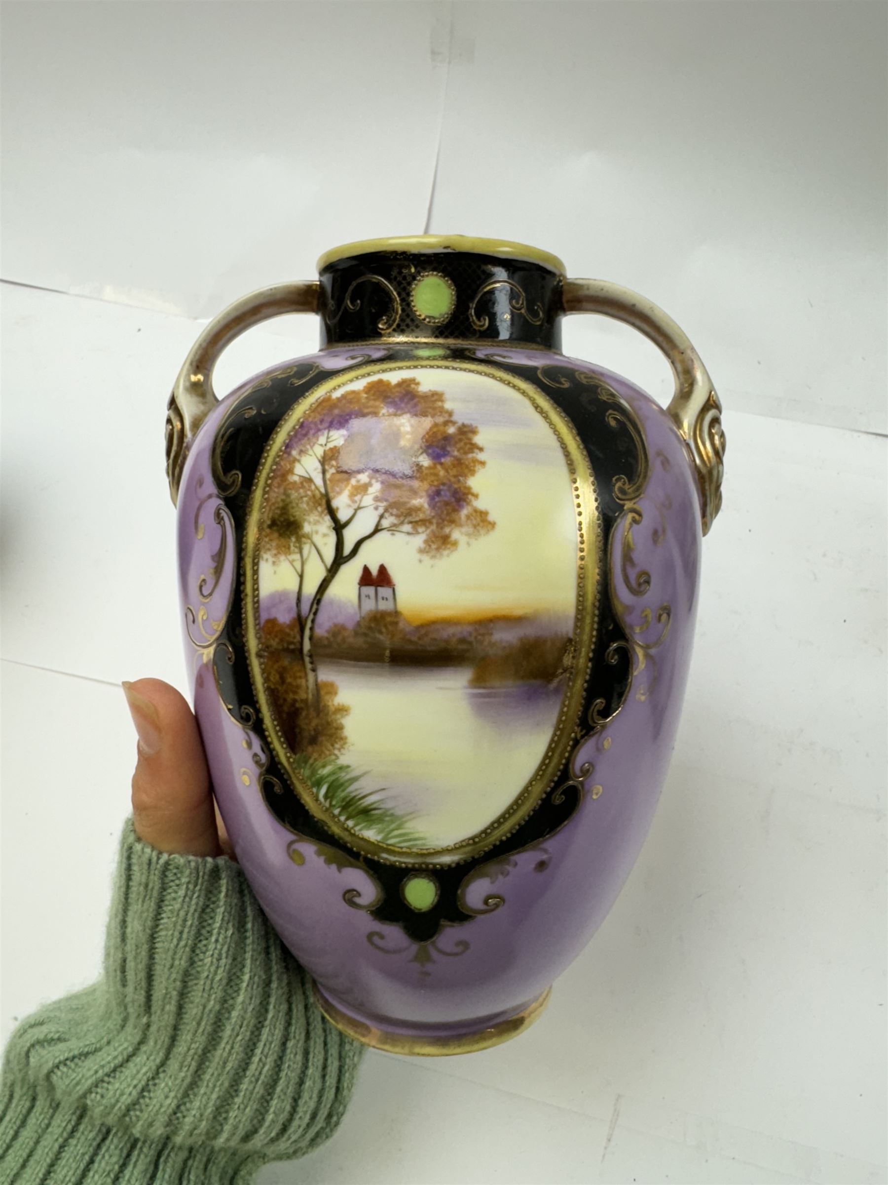 Pair of Noritake Chinoiserie pattern vases, together with two other Noritake vases, H21cm