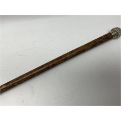 Victorian walking stick, the fluted silver pommel set with banded agate, hallmarked London 1892, maker's mark indistinct, L84cm