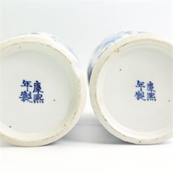 Pair of 19th/ early 20th century Chinese blue and white vases and covers, each of baluster form, painted in underglaze blue with peacocks stood on a rocky base amid blossoming peony and prunus flowers, the covers with dogs of fo finials, four character Kangxi marks beneath, H33cm 