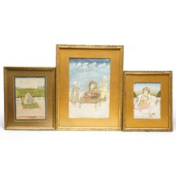 Indian School (18th/19th Century): Portrait of a Mughal Emperor - Possibly Akbar II and two others, set of three gouaches on paper unsigned, one heighted with gold pigment, later inscribed verso max 30cm x 20cm (3)