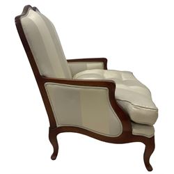 Duresta - French design hardwood-framed wide-seat armchair, shaped cresting rail over curved arms, upholstered in two-tone off-white striped fabric with loose seat cushion, shaped apron and cabriole feet 