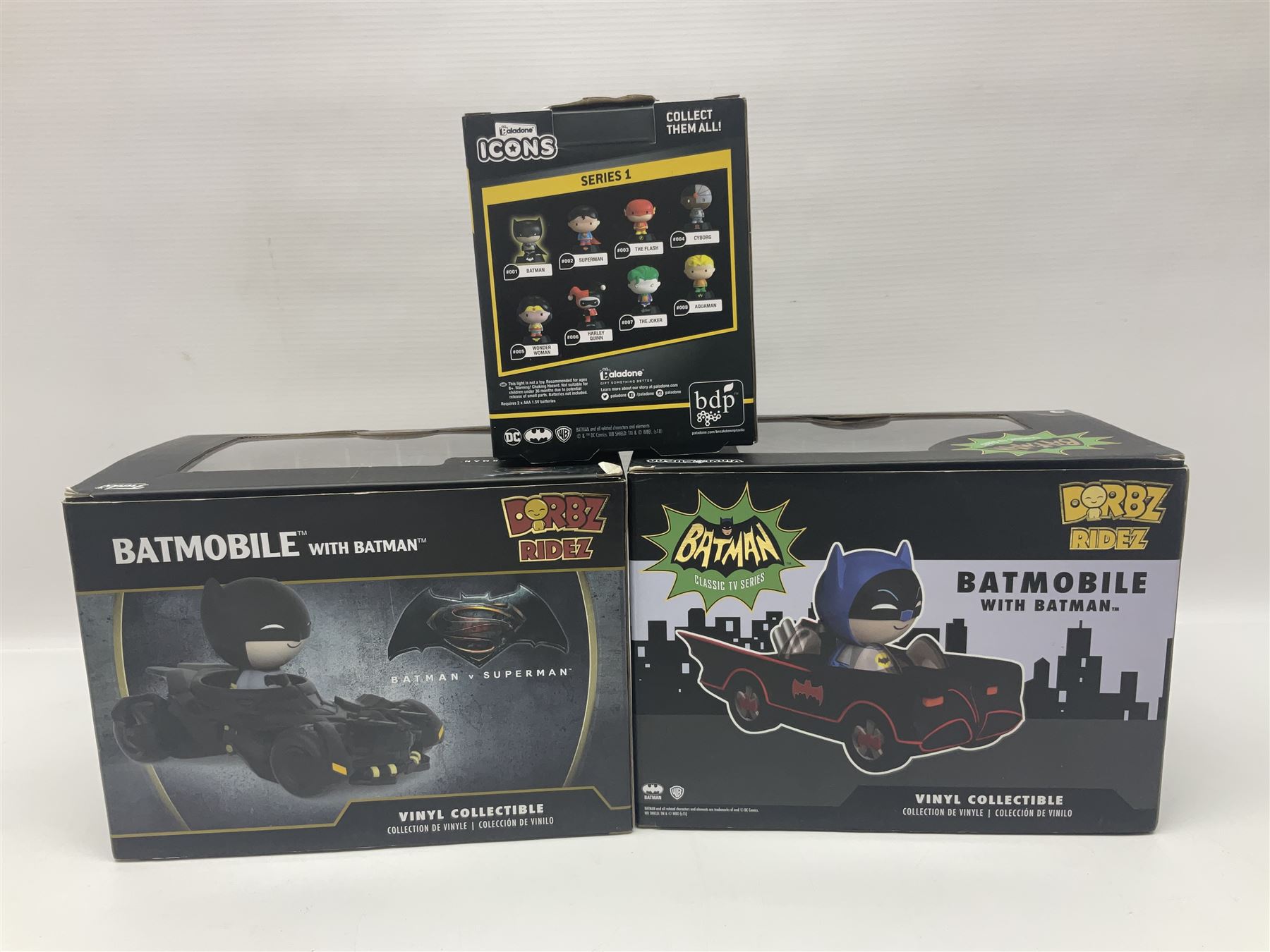 Thirteen Funko! Pop figurines of predominately Batman interest, to include 2016 ‘Batman Classic TV Series Batmobile’ and 2019 teal coloured ‘Batman’ Summer Convention exclusives, most in original boxes, with three similar boxed figures (16)