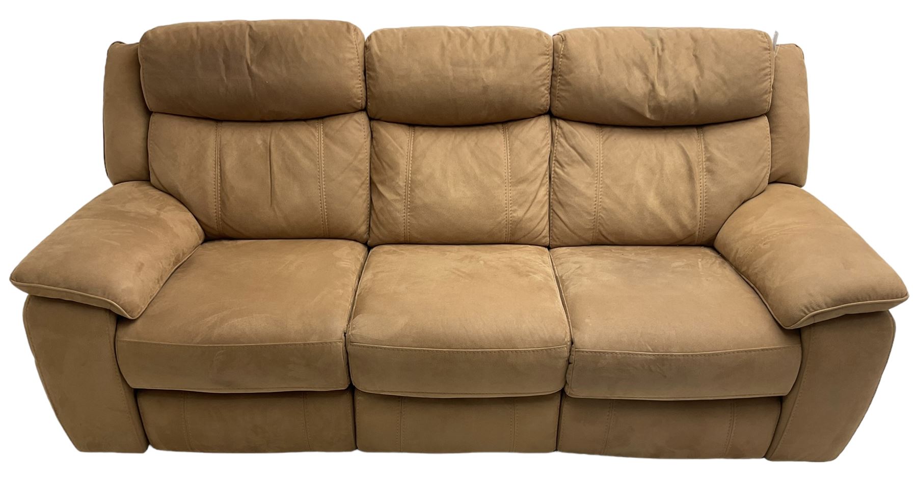 Electric reclining three-seat sofa (W213cm, H100cm) and matching armchair (W109cm) upholstered in brown fabric