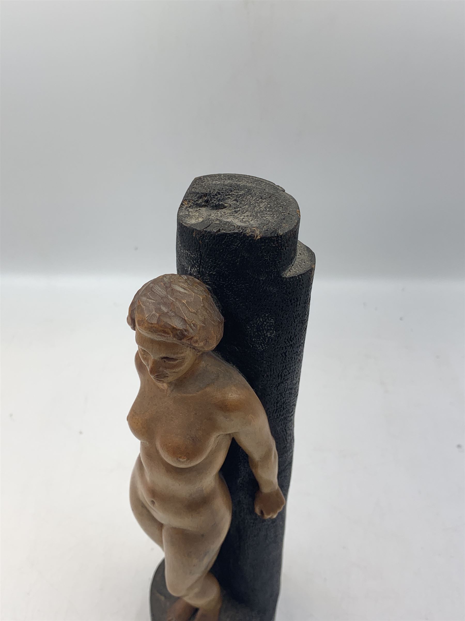 R Flint - 20th century carved wooden figural sculpture of a nude female, signed 