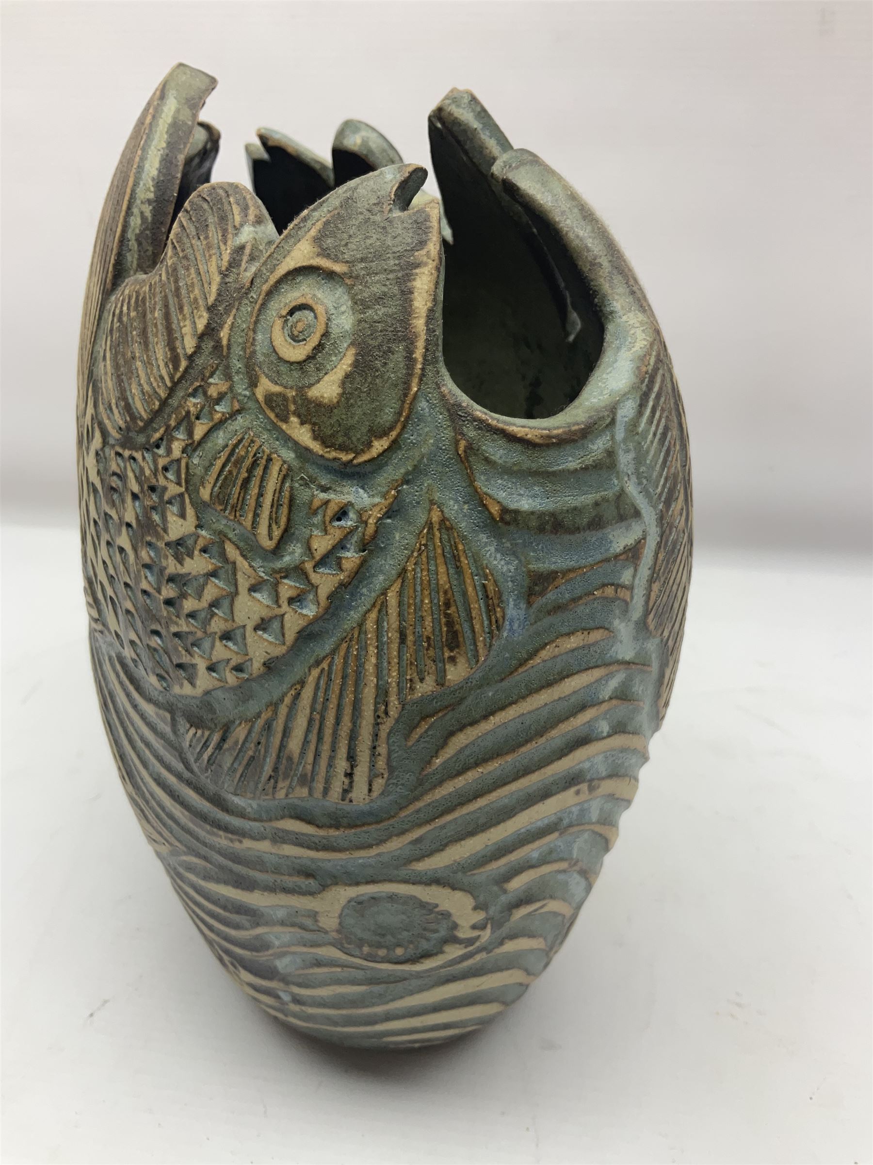 John Egerton (c1945-): studio pottery stoneware vase, decorated with fish and ammonites, H24cm