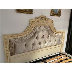 Barnini Oseo - super king 6' 'Reggenza' bedstead, the headboard with a pierced cartouche pediment with extending scrolling foliage, decorated with trailing gilt flower heads, upholstered in buttoned lilac velvet, raised on cabriole feet, in a cream finish