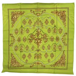 Hermes 'Sèsame' silk scarf,  in the green and gold colourway, designed by Philippe Ledoux,...