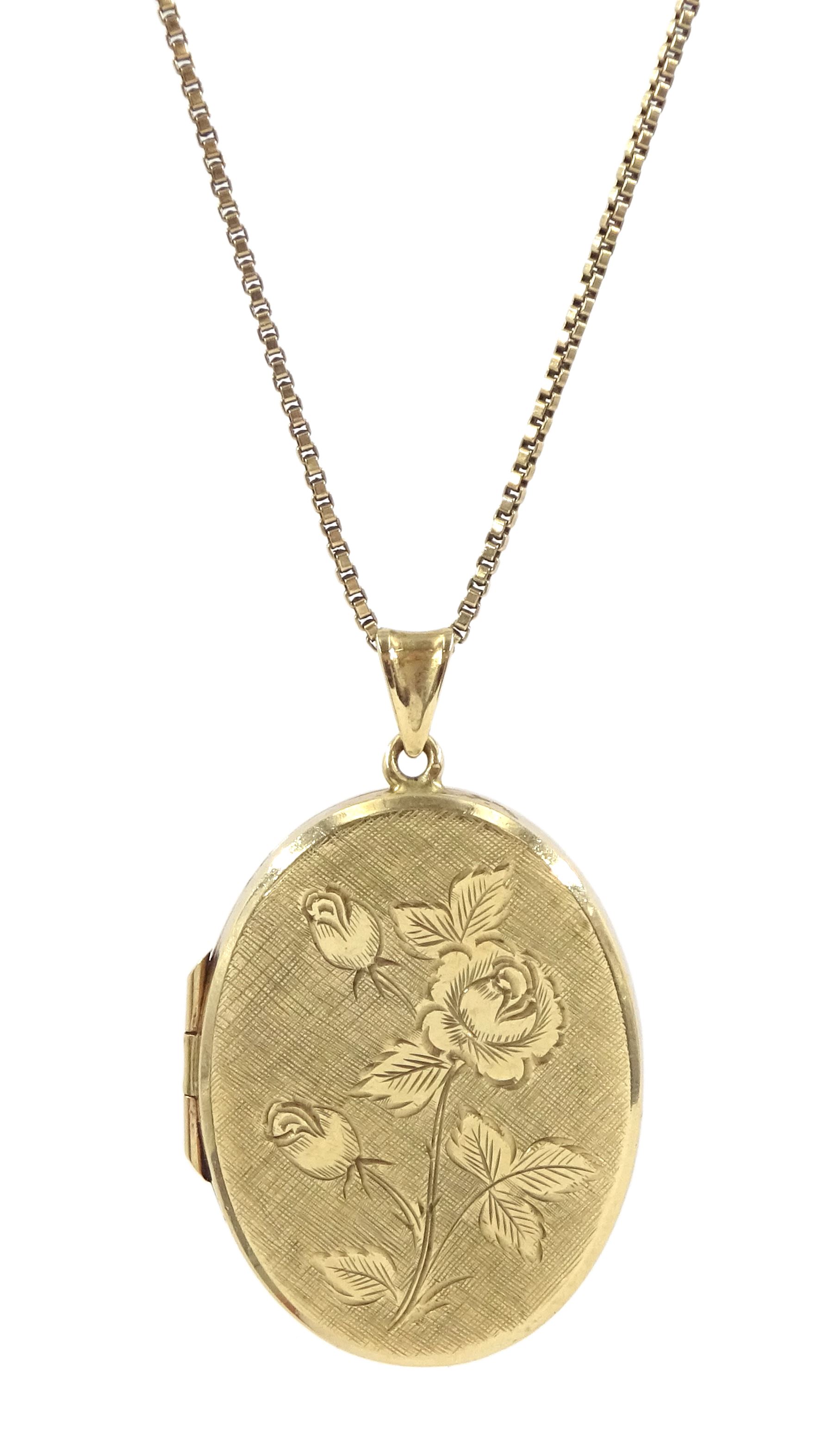 Gold locket pendant, with engraved rose decoration, on gold box link chain necklace, both 9ct