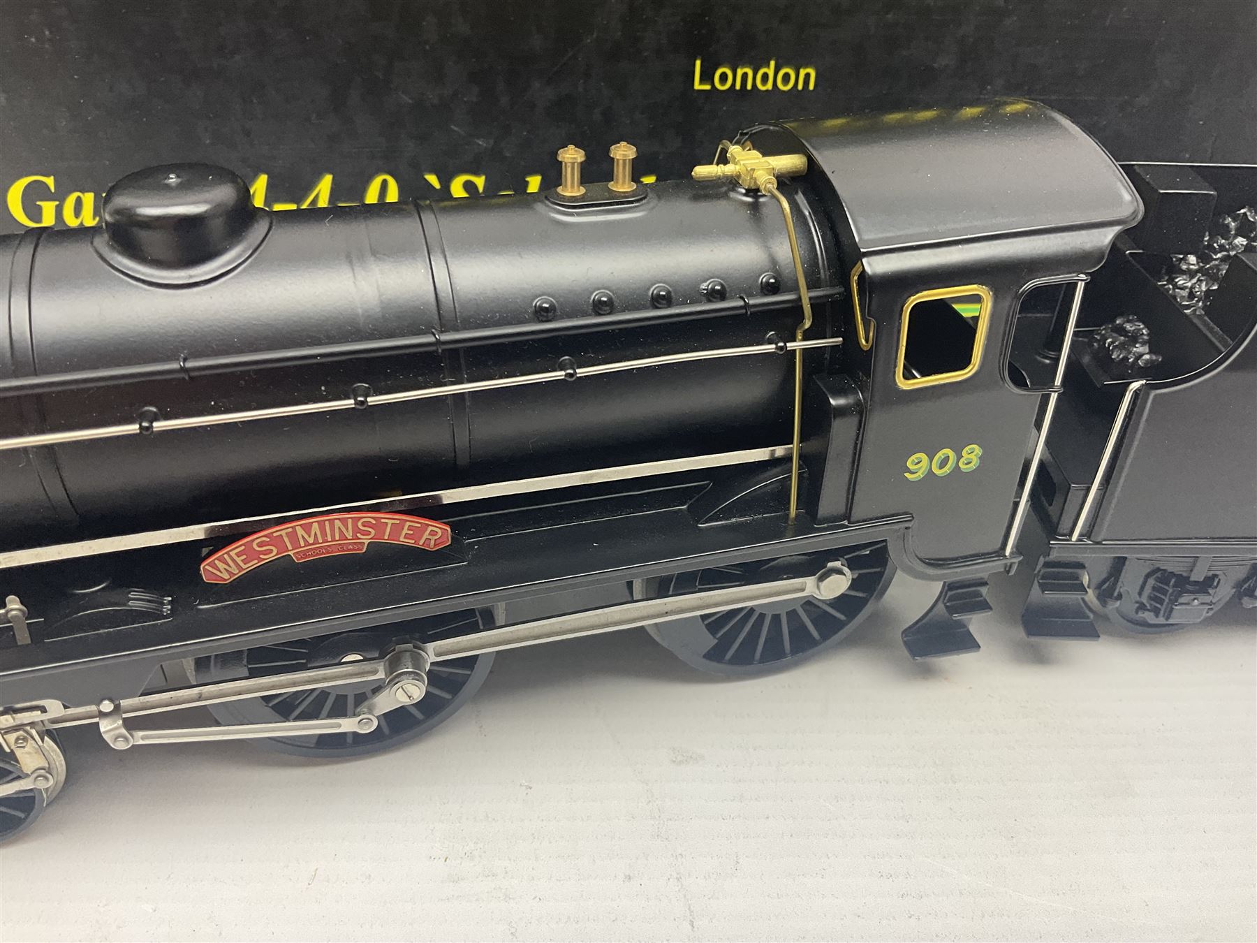 Ace Trains '0' gauge - E/10 Schools Class 4-4-0 locomotive 'Westminster' No.908 and tender in SR Wartime black; boxed with instructions, original packaging and invoice dated 26/09/2012 in outer delivery box