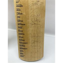 Two signed Yorkshire County cricket bats, from 2007 and 2008 seasons, bearing signatures including Darren Gough, Jason Gillespie, Younus Khan, Michael Vaughn and Tim Bresnan, etc