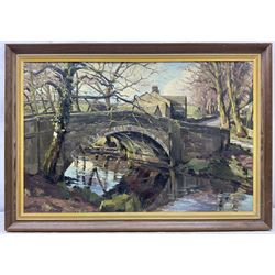 Diana Rosemary Lodge (British 1944-): 'Barben Beck Bridge - Burnsall to Appletreewick Road', oil on canvas board signed, titled and dated Feb 1975 verso 50cm x 75cm