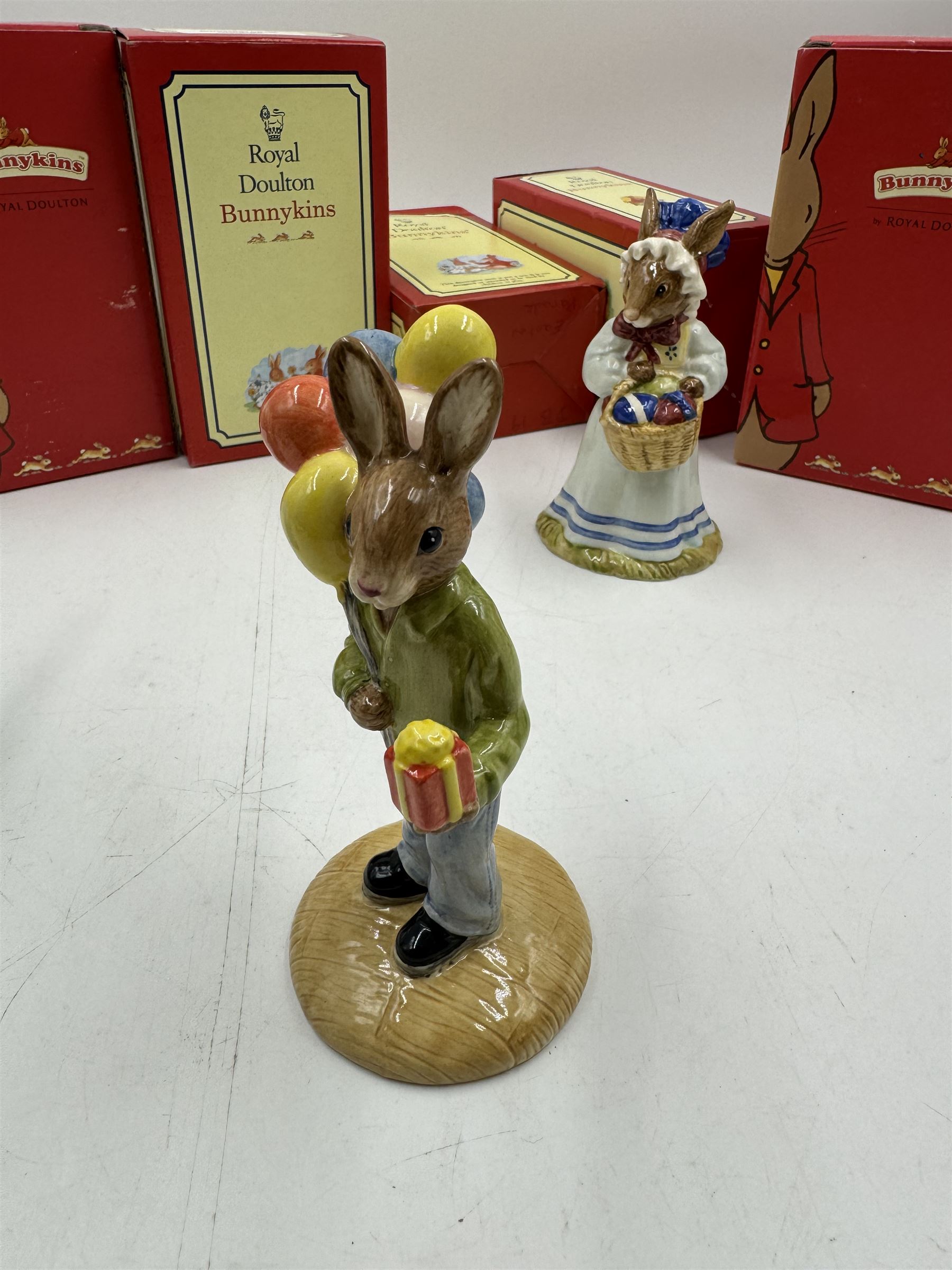 Five Royal Doulton Bunnykins, comprising Love Heart, Congratulations, Gardener, Vicar and Easter Parade all with original boxes 