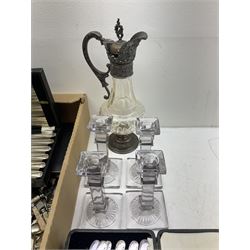 Metal mounted clear glass claret jug, together with a set of four clear glass candlesticks, and a group of assorted silver plated flatware, to include a number of sets, some cased, in one box 