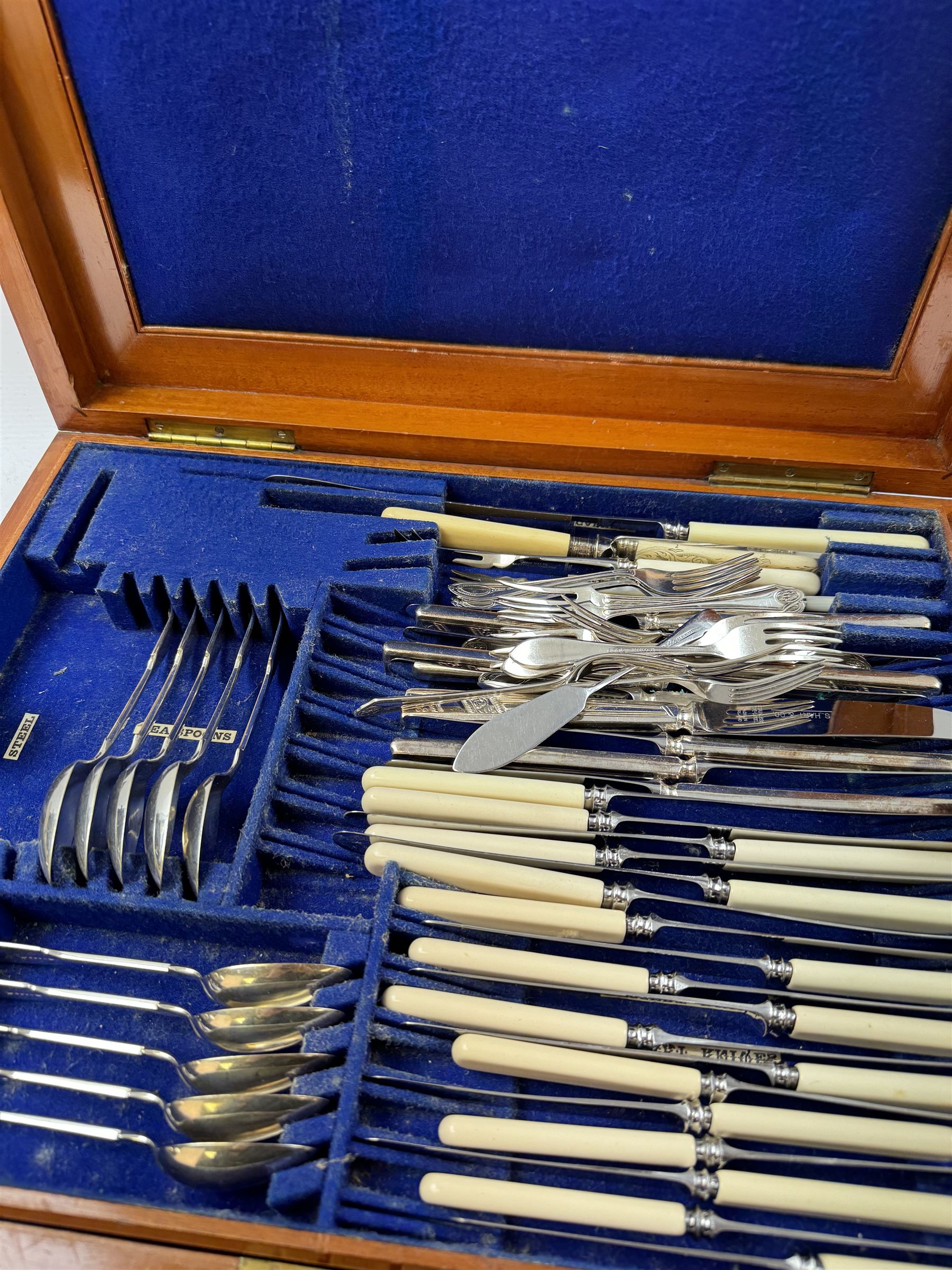 Early 20th century mahogany canteen box, containing selection of matched silver plated cutlery