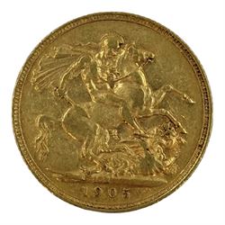 King Edward VII 1905 gold full sovereign coin, Melbourne mint