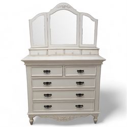 Country Corner - white painted chest with raised mirror back, triple mirror over four small drawers, the chest fitted with two short and three long drawers, on turned feet 