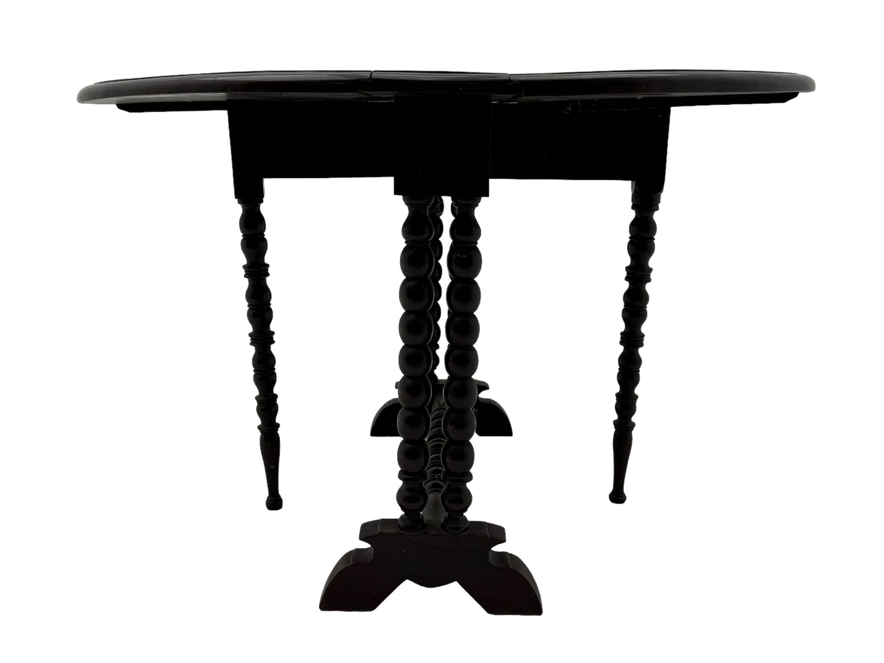 Victorian design mahogany Sutherland table, drop-leaf top on bobbin turned supports, gate-leg action base