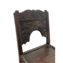 Set of three 18th century carved oak back stools, the cresting rail carved with scrolling foliate motifs over an arched panel with a stylised tree carving with extending leafage, the panelled seat held within a bobbin-turned frame, raised on turned supports united by a ring-turned front stretcher