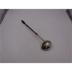 George II silver toddy ladle, the silver bowl of oval form, with engraved initials to underside, hallmarked London 1741, maker's mark indistinct, with turned wooden handle, L33cm