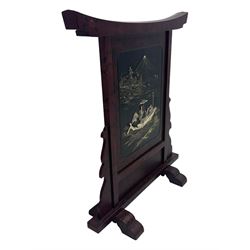 20th century Japanese lacquered table screen, top rail with slight curve and floral painted design, central panel depicting a river scene with Mount Fuji in the background, flanked by shaped supports on rectangular base