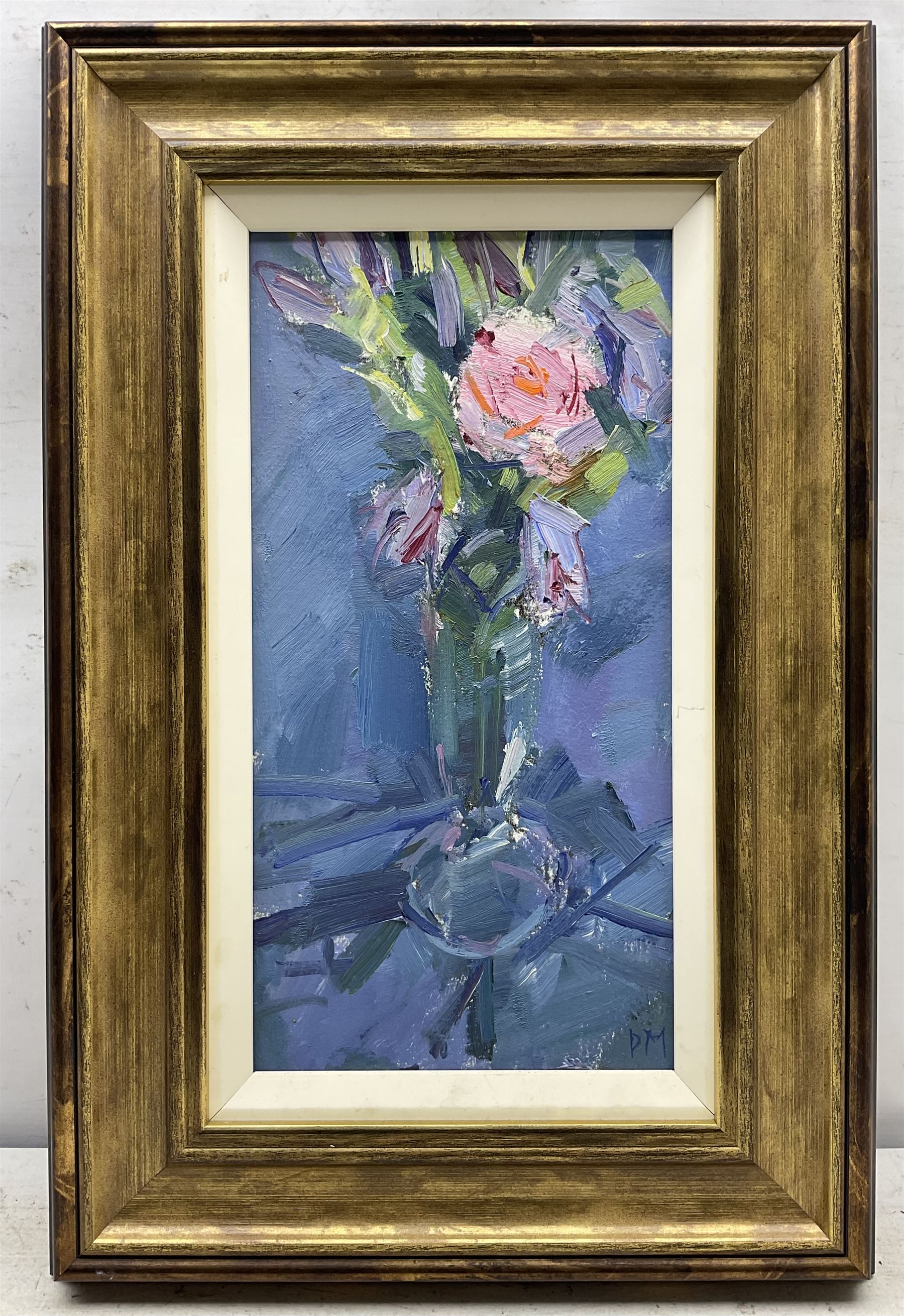 Don McKinlay (British 1929-2017): Still Life of Pink Rose, oil on board signed with initials 36cm x 18cm