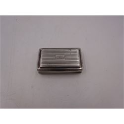 George III silver snuff box, of rectangular form, with banded decoration throughout and engraved cartouche to hinged cover, hallmarked John Shaw, Birmingham 1813, W7cm