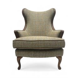 Wood Bros - contemporary wingback armchair, high back with curved wings upholstered in herringbone patterned fabric, accented with leather trim and brass nailhead studs, resting on cabriole front feet 