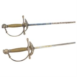 Pair of Rapier swords, with four sided blades, hilt with scalloped shell guard and wire grip, L97cm