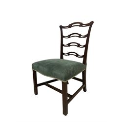 Set of twelve (10+2) Chippendale revival stained beech dining chairs, pierced waived ladder backs with over-stuffed over seats, on square moulded supports joined by stretchers