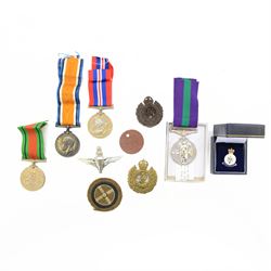 WWI British War medal, WWII Defence medal and War medal and General Service medal with Palestine 1945-48 clasp, awarded to 14895524 DVR K J Coultas RE together with other military badges 