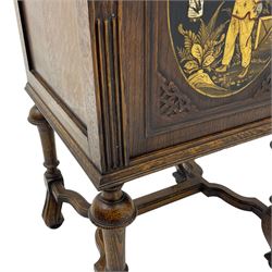 Early 20th century circa. 1920s oak bedside cupboard, raised back decorated with chinoiserie lacquer work depicting bird and flowers, moulded top over single door decorated with figure carrying bird cages, on turned supports united by shaped moulded stretchers, scroll carved feet