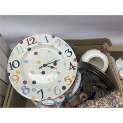 Emma Bridgewater wall clock, Country Artists kingfisher, Wedgwood Charnwood pattern tea service and a large collection of collectors plates and other ceramics and glassware, in six boxes