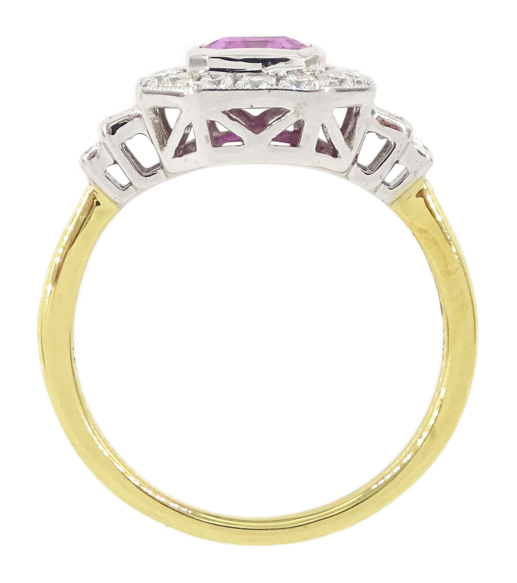 18ct white and yellow gold pink sapphire and diamond cluster ring, emerald cut sapphire, with milgrain set round brilliant cut diamond surround and baguette diamond shoulders, hallmarked, sapphire 1.30 carat, total diamond weight approx 0.50 carat