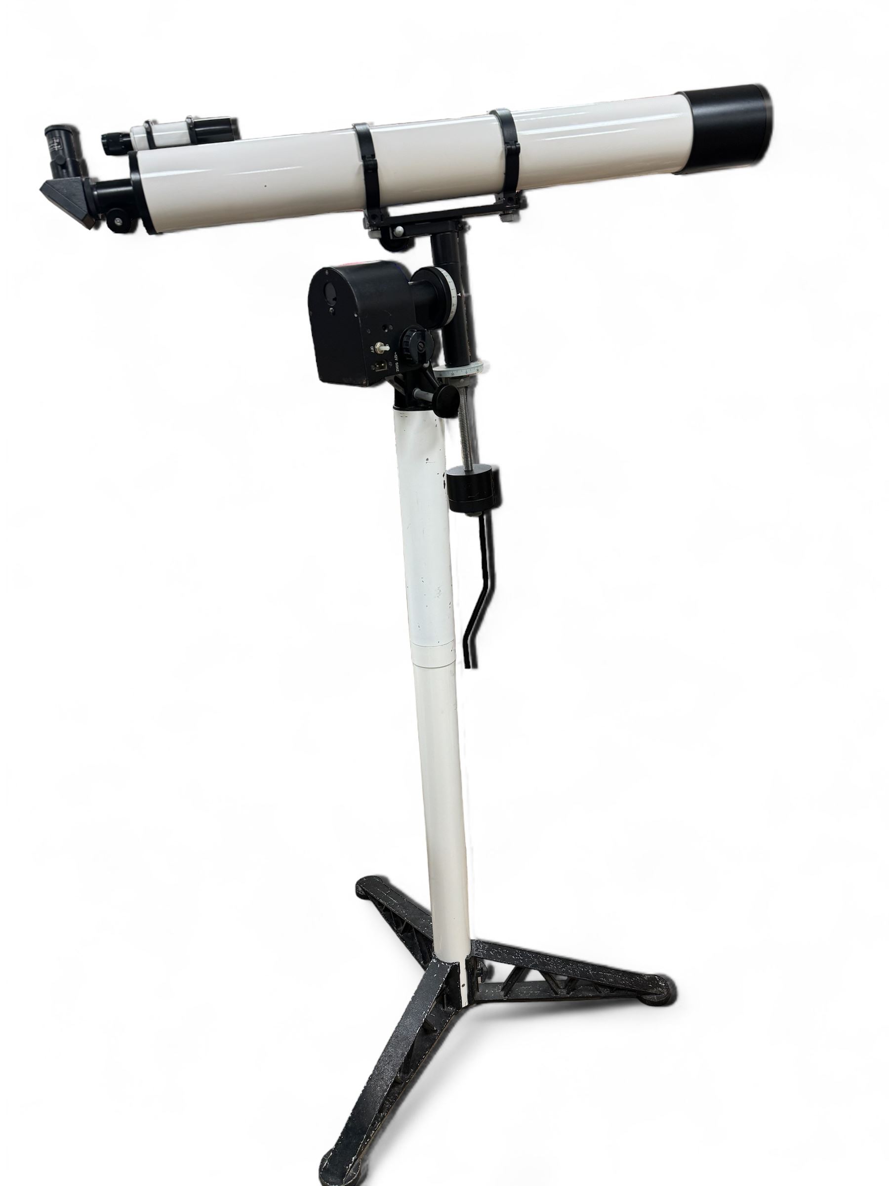 Tal-100R refractor telescope, the objective lens with dark purple coating and cylinder mounted with 6mm x 30mm finder scope, upon a pillar mount with right ascension clock drive, height when mounted H168cm, aperture 10cm, focal length 100cm 