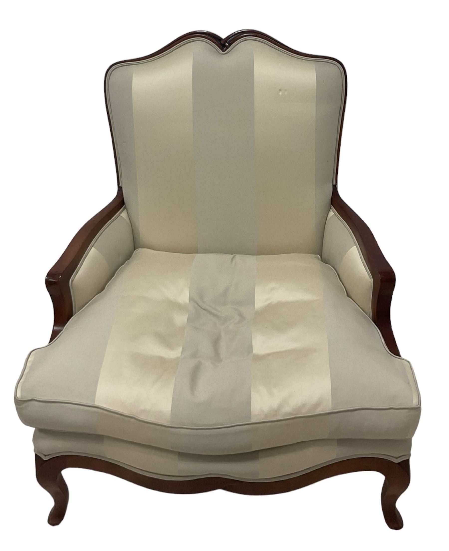 Duresta - French design hardwood-framed wide-seat armchair, shaped cresting rail over curved arms, upholstered in two-tone off-white striped fabric with loose seat cushion, shaped apron and cabriole feet 