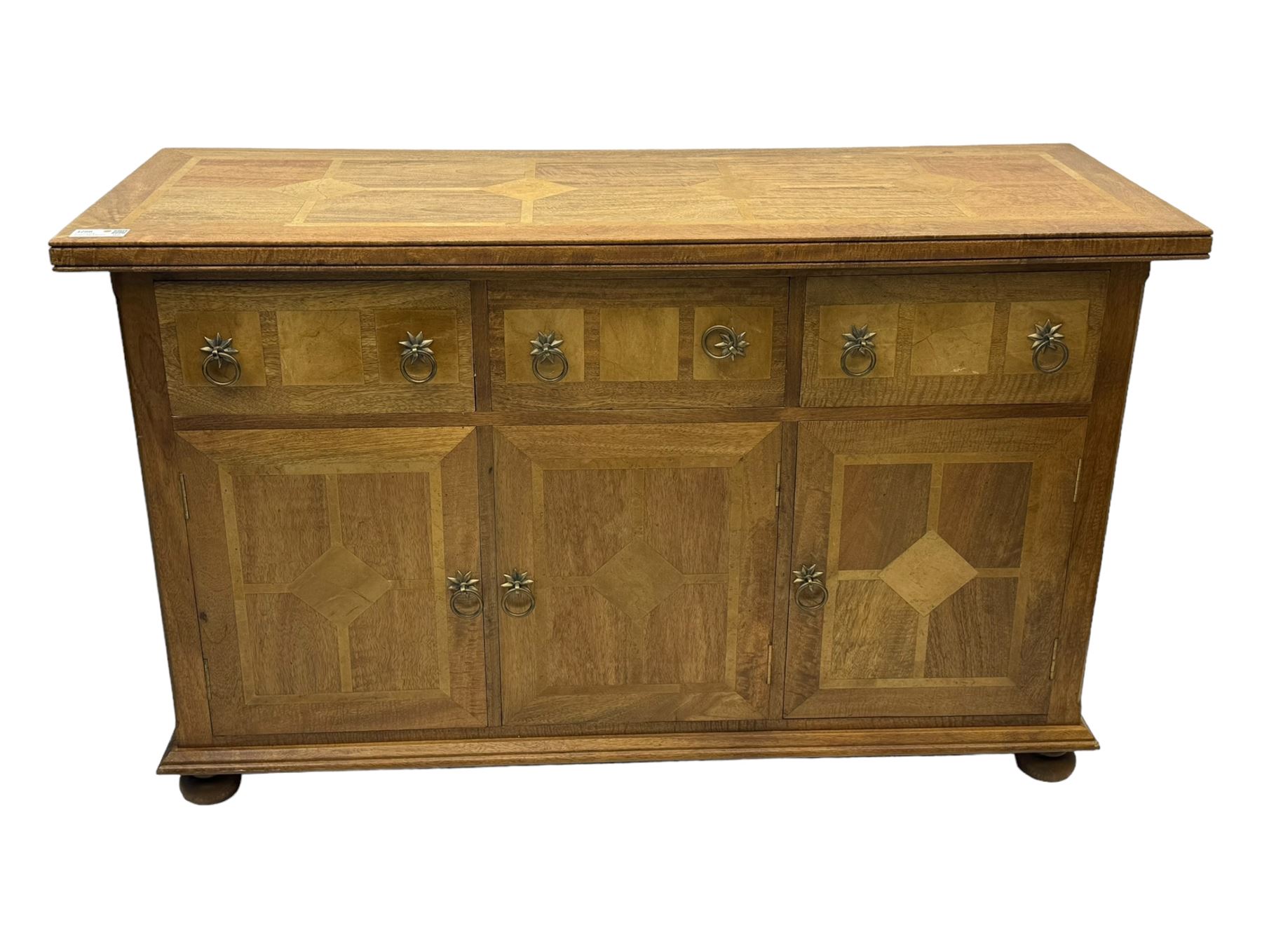 Barker & Stonehouse ‘Flagstone’ range mango wood sideboard, fluted rectangular top above three drawers and three cupboards with geometric inlay, on bun feet