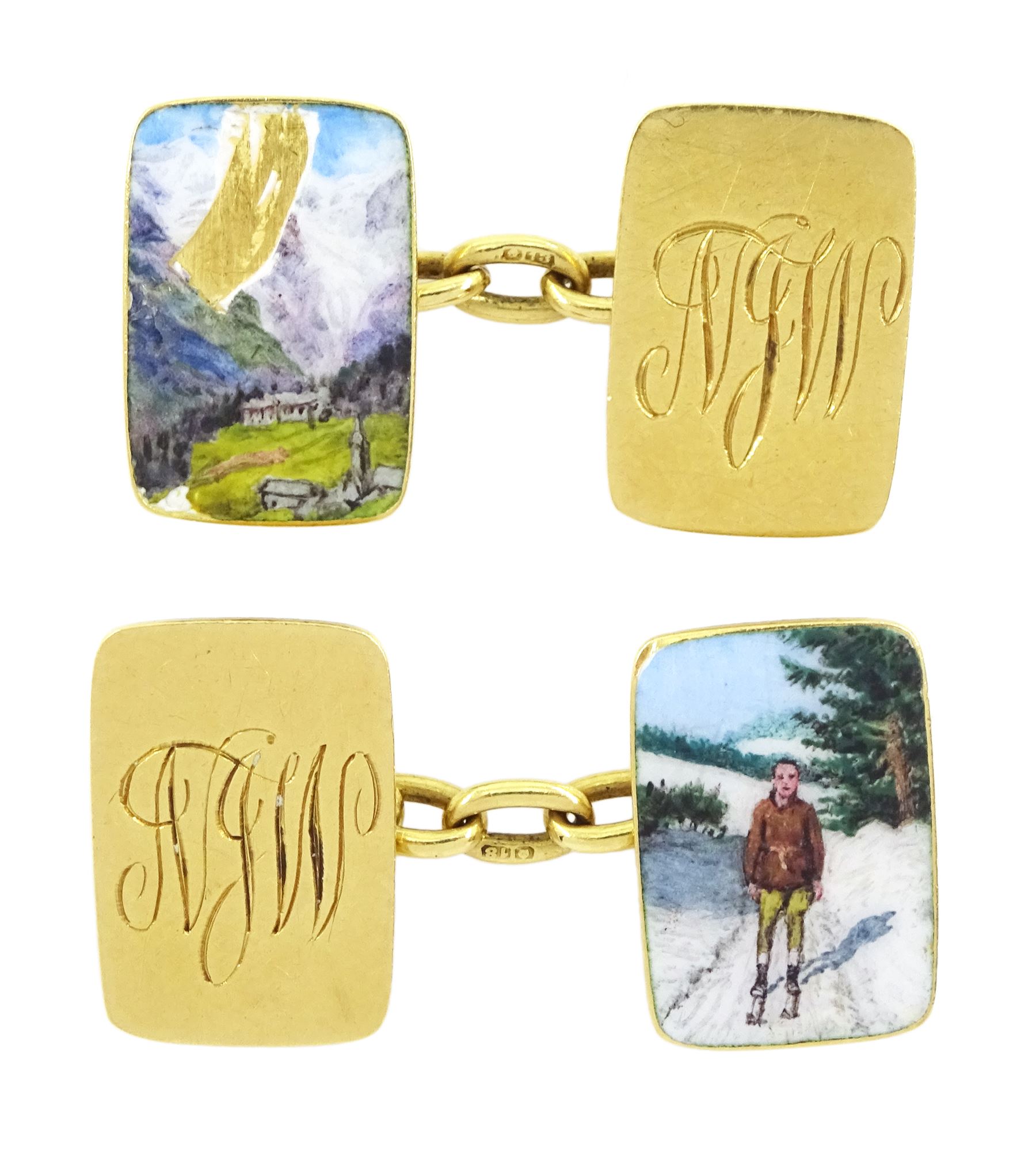 Pair of 18ct gold enamel cufflinks, decorated with skiing scenes and monogrammed 'NJW', by Owen Powell, Birmingham 1930